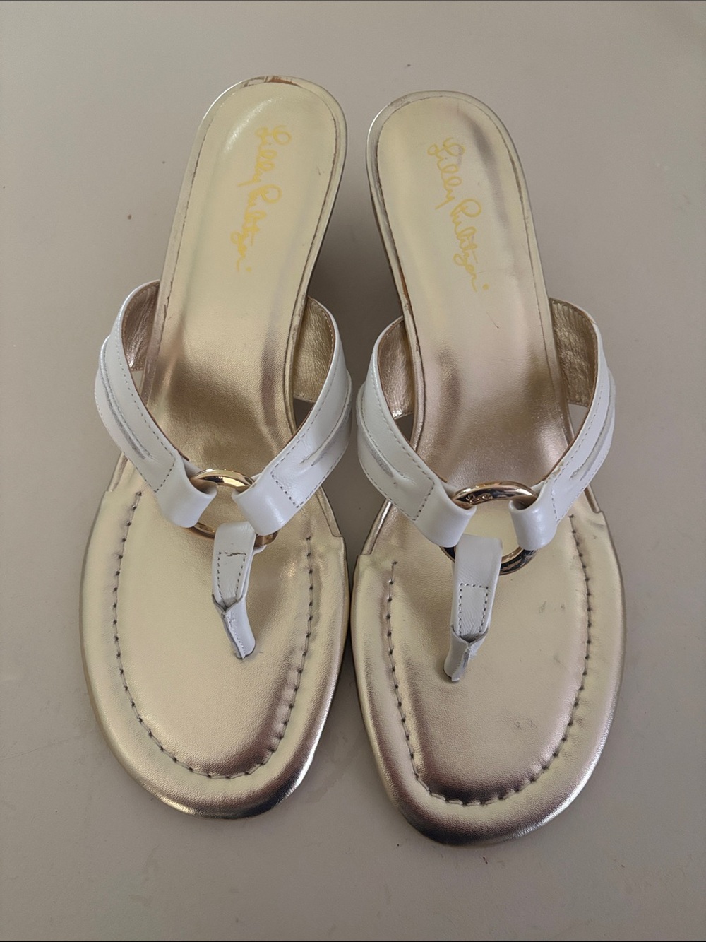Lilly Pulitzer White and Gold Metallic Ring Thong Mules